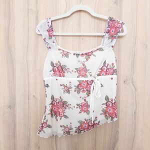 Poeselle Womens Babydoll Top‎ M/L White Floral Asymmetrical Coquette Romantic